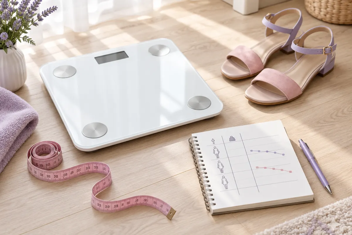 A digital bathroom scale and a pink measuring tape on a light wooden floor