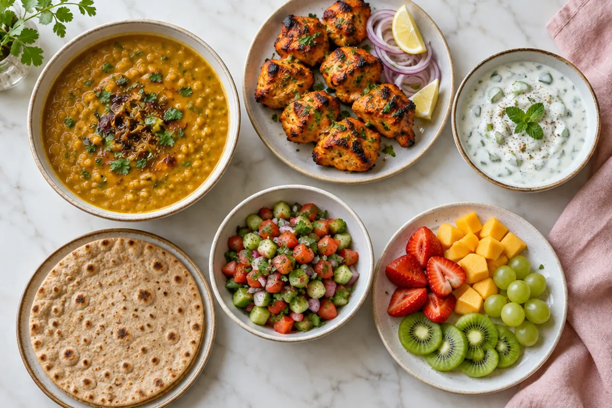 A balanced Pakistani meal with daal, grilled chicken tikka, raita, salad and roti