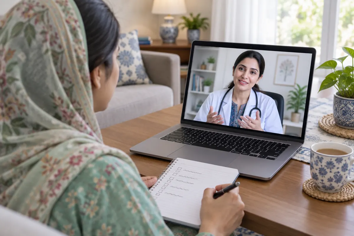 A woman on a video consultation with a friendly female doctor on her laptop