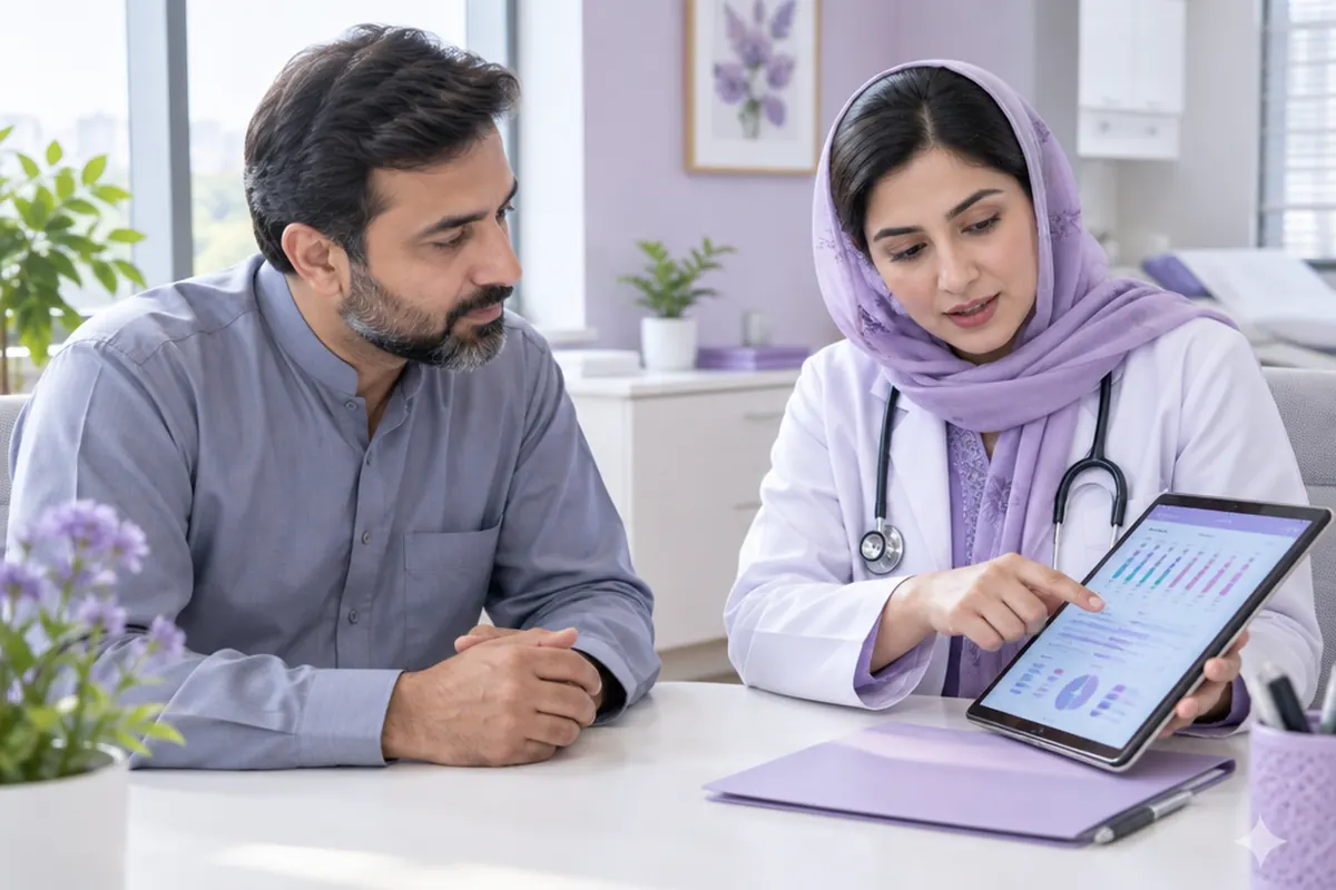 A doctor showing a male patient his blood test results on a tablet
