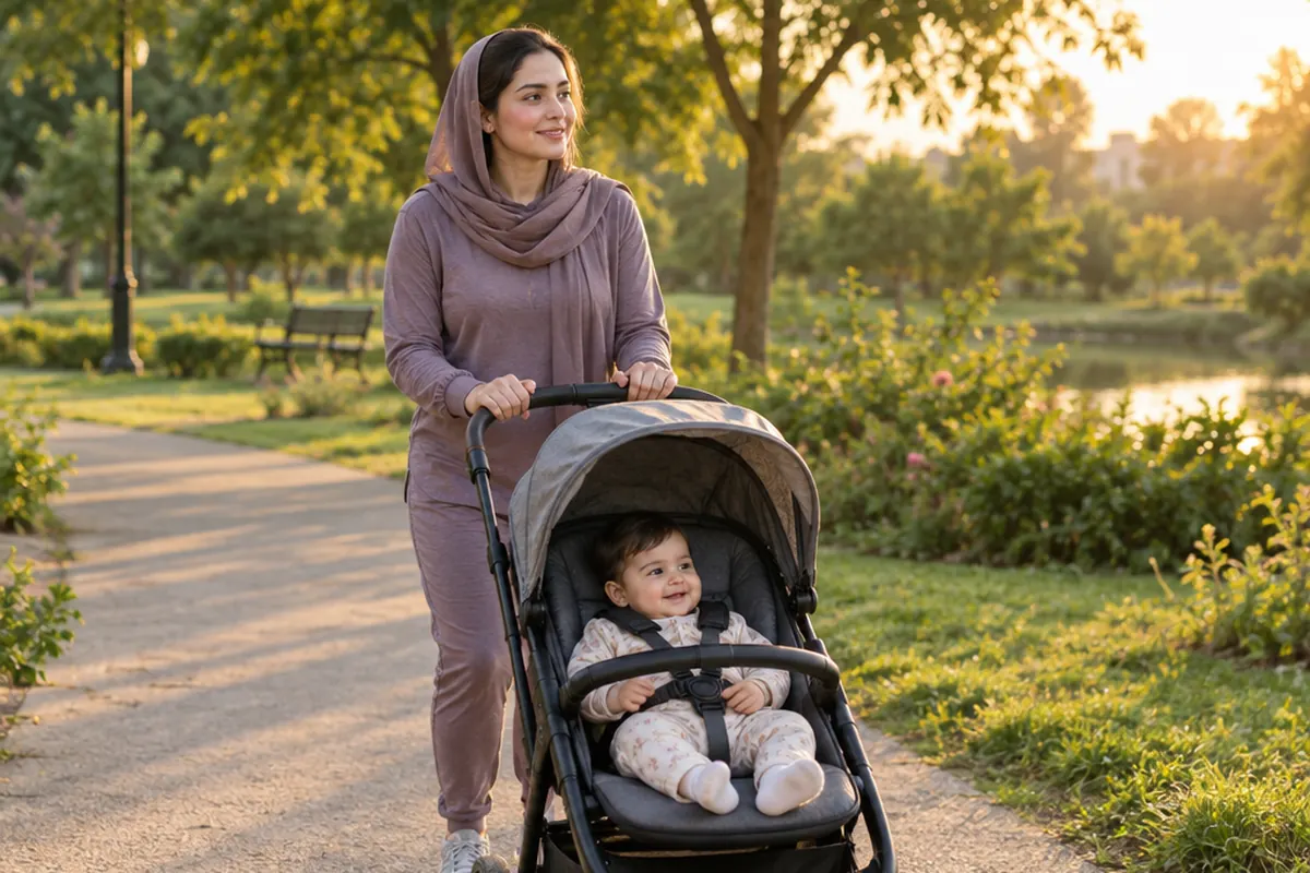 A smiling mother walking through a park while pushing her baby in a stroller
