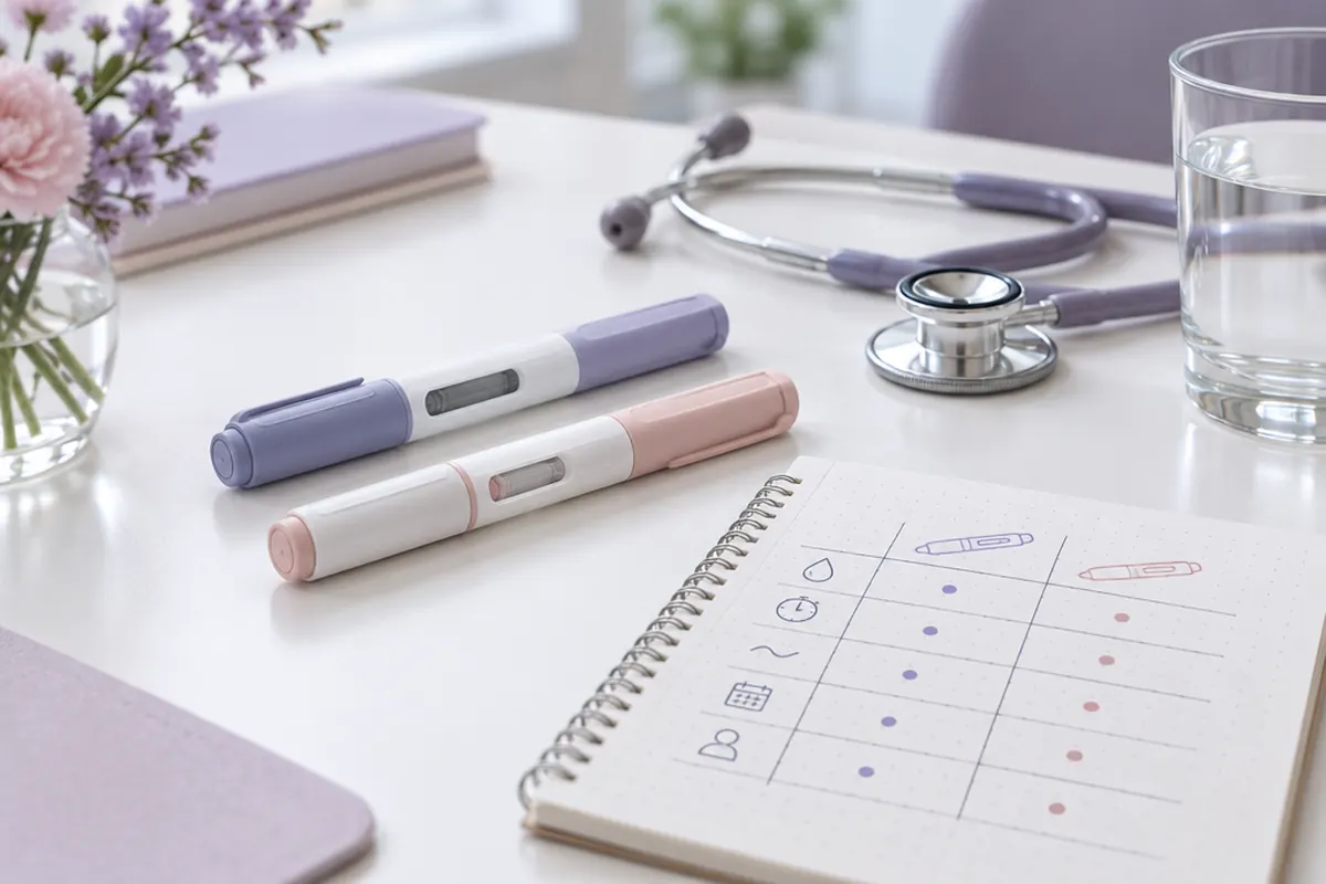 Two unbranded prescription injection pens beside a stethoscope and notebook on a doctor's desk