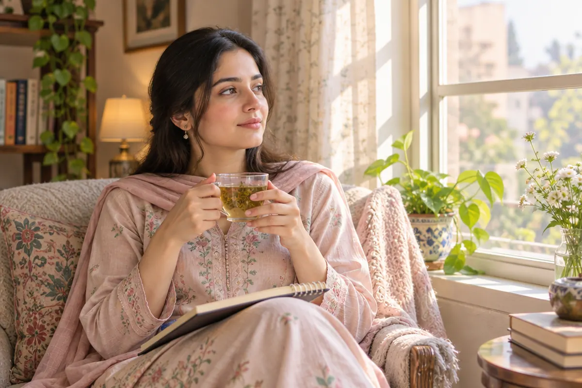 A thoughtful young woman sitting by a sunny window with a cup of herbal tea
