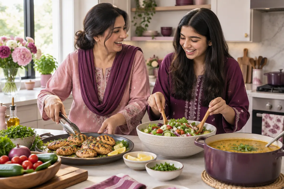 A mother and daughter cooking a healthy dinner together in a bright kitchen