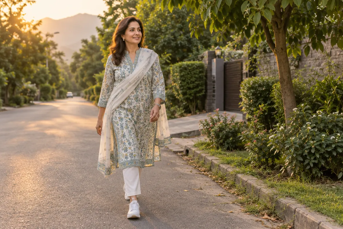 A confident woman in her late forties taking a brisk evening walk on a leafy street