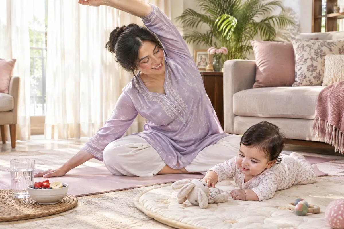 A young mother doing a gentle stretch on a yoga mat at home while her baby plays beside her