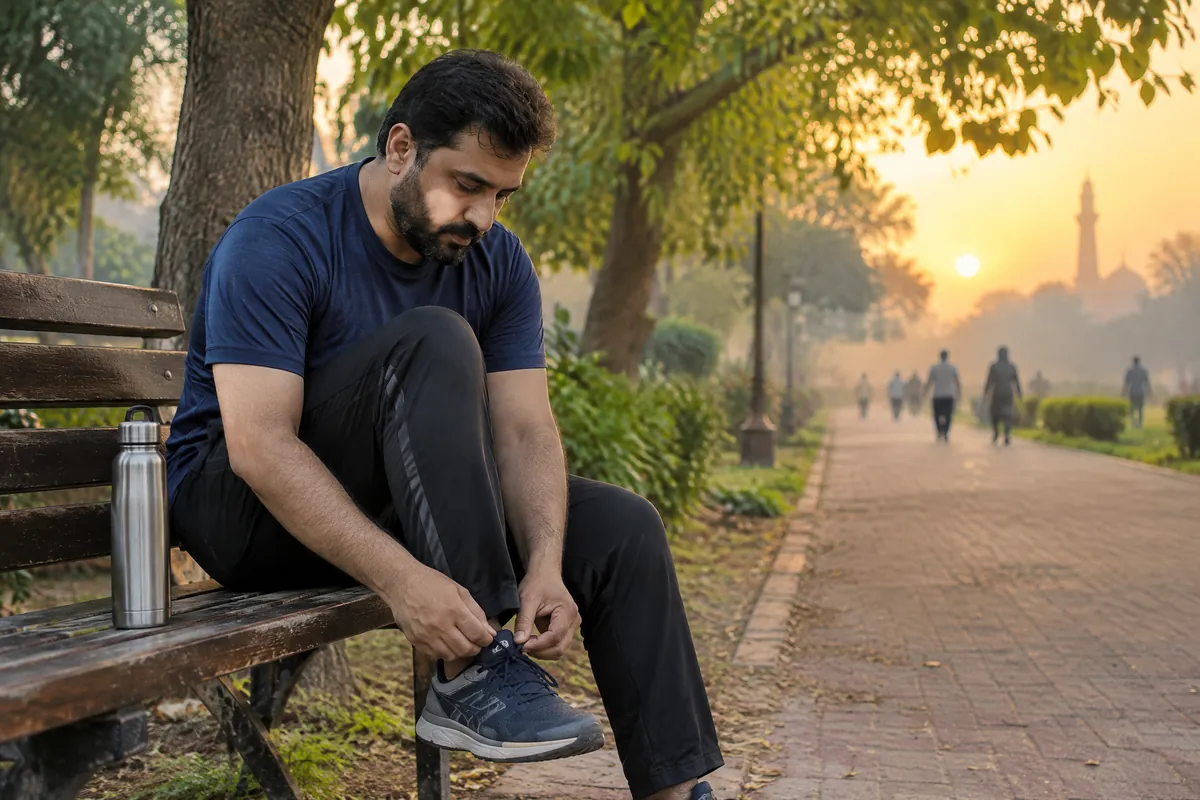 A man tying his running shoes on a park bench at sunrise before a morning walk