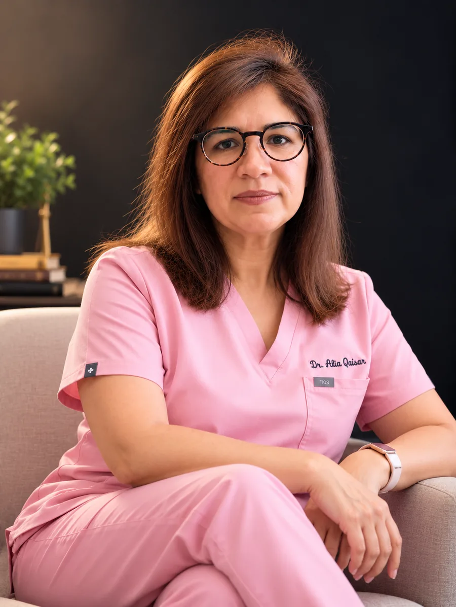 Dr. Alia Qaisar seated in a calm consultation setting