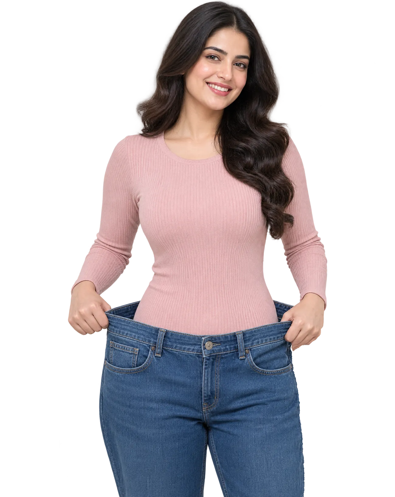 A smiling Pakistani woman holding out the waistband of her old, oversized jeans after losing weight