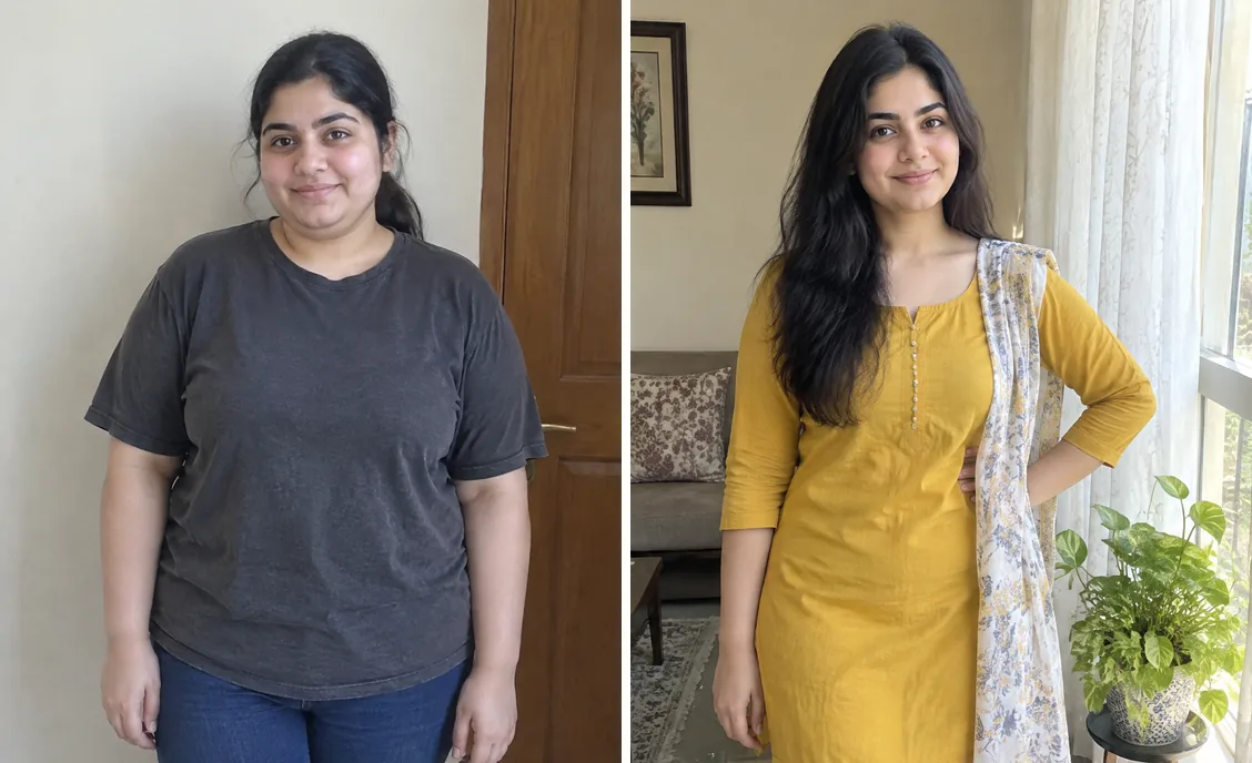 Before and after photos side by side for Anam R.'s weight-loss story