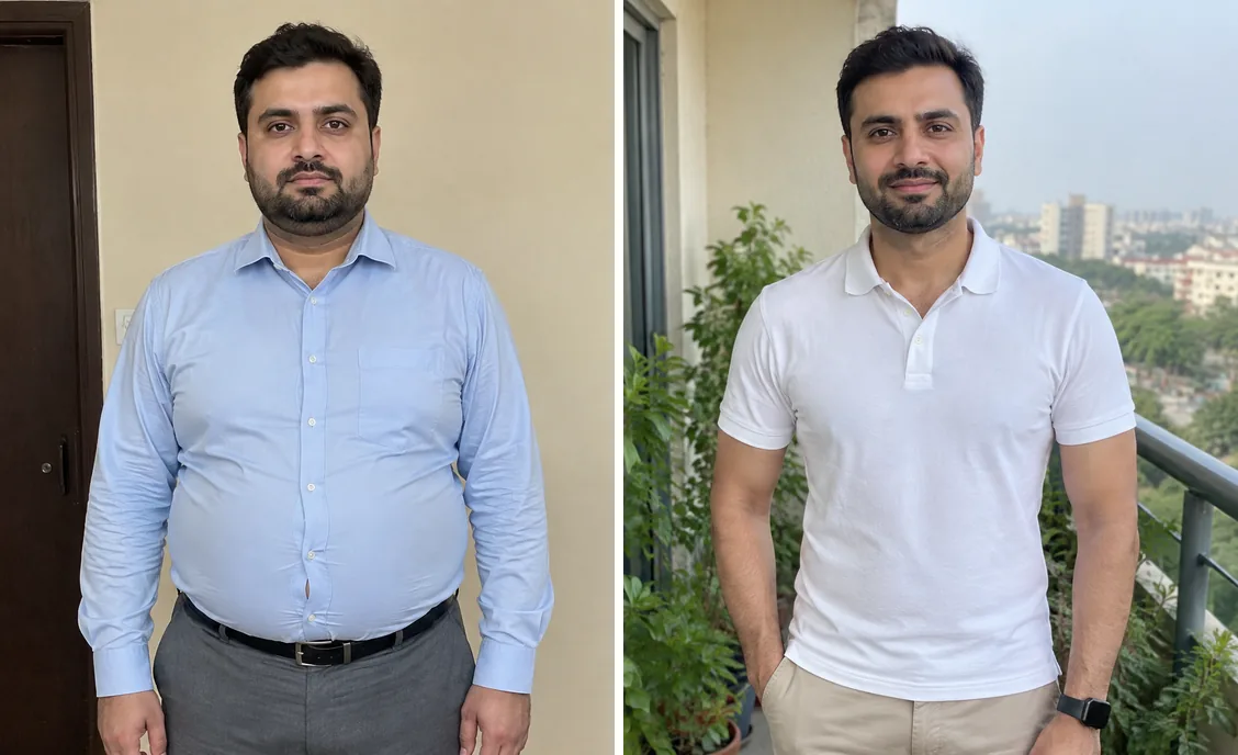 Before and after photos side by side for Adeel R.'s weight-loss story