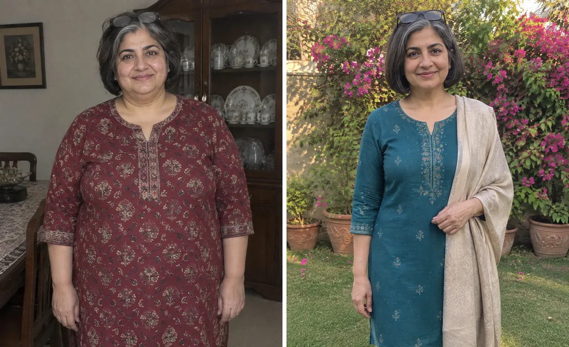 Before and after photos side by side for Shazia H.'s weight-loss story