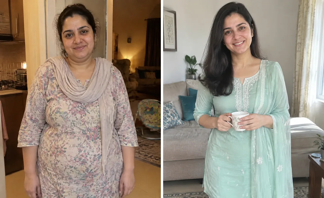 Before and after photos side by side for Sadia F.'s weight-loss story