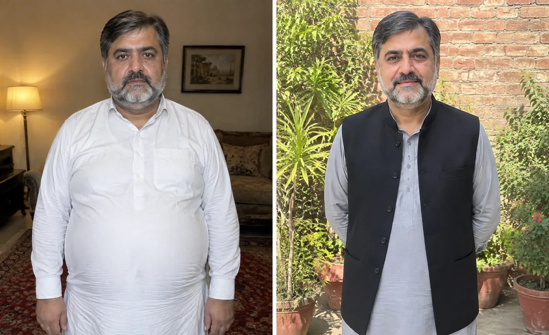 Before and after photos side by side for Khalid Z.'s weight-loss story