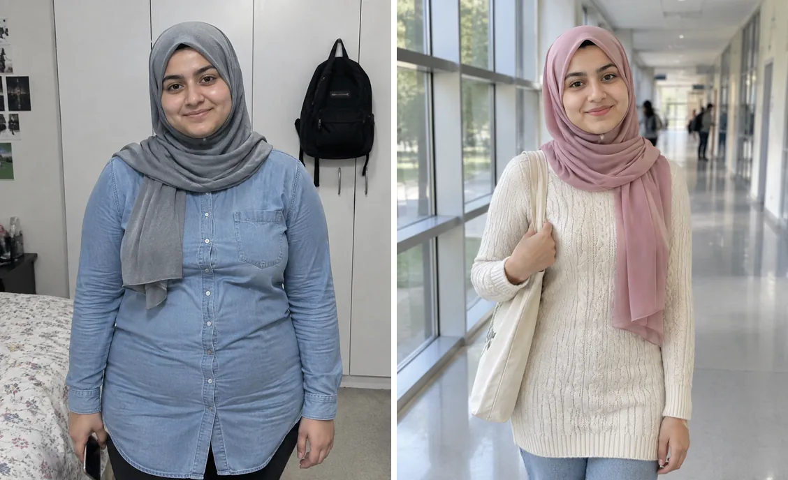 Before and after photos side by side for Iqra N.'s weight-loss story