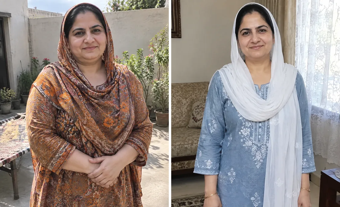 Before and after photos side by side for Rukhsana B.'s weight-loss story