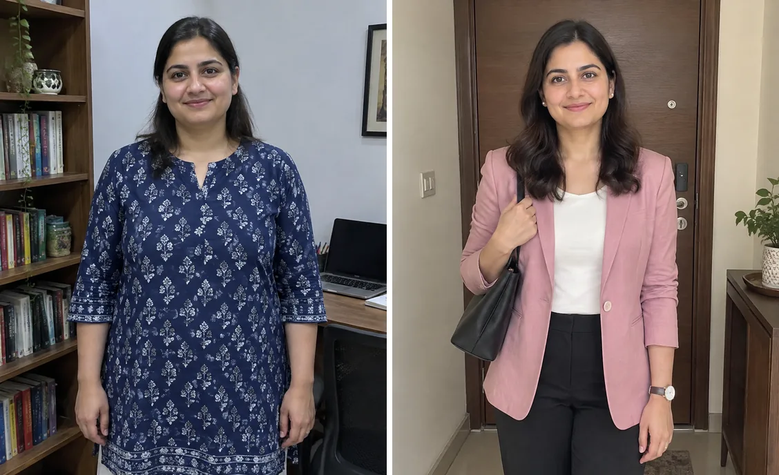 Before and after photos side by side for Rabia K.'s weight-loss story