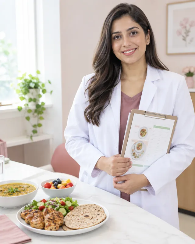 A dietitian presenting a balanced Pakistani meal plan with daal, grilled chicken and salad