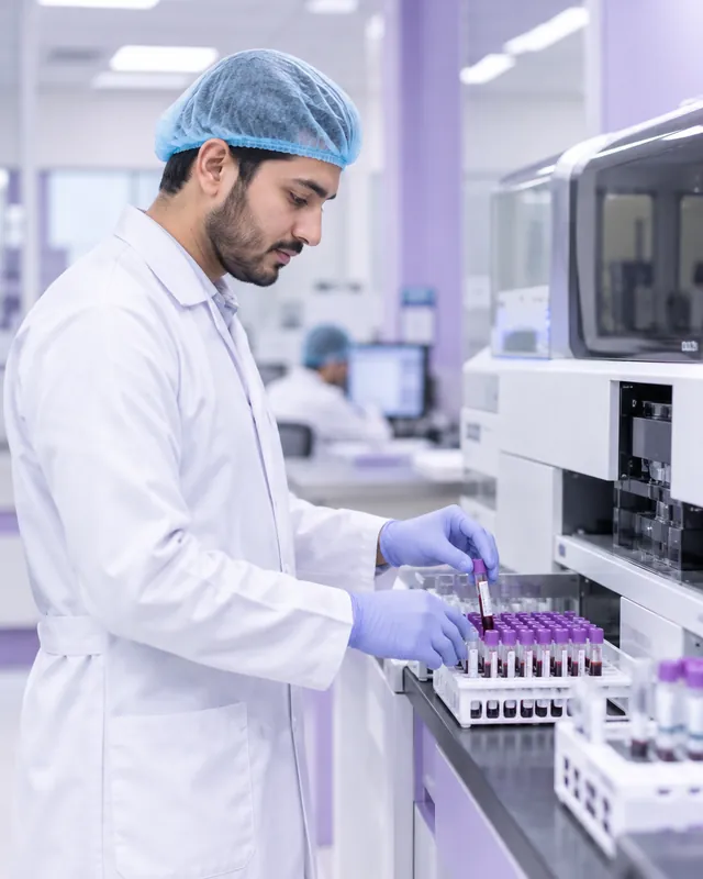 A laboratory technician placing labelled blood sample tubes into an analyser rack