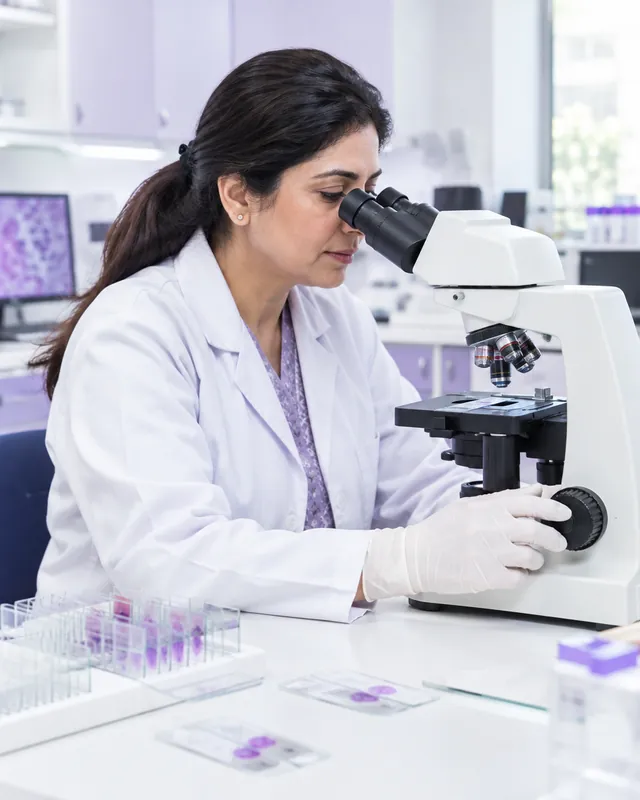 A pathologist examining samples under a microscope in a modern laboratory