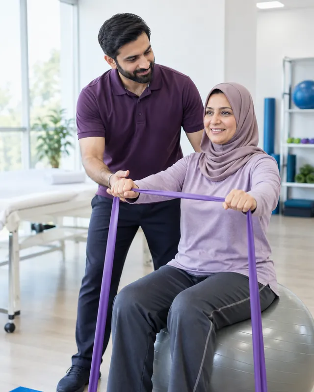 A physiotherapist guiding a woman through a gentle resistance band exercise