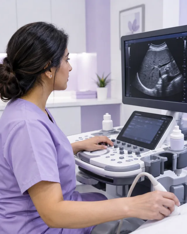 A sonographer operating an ultrasound machine